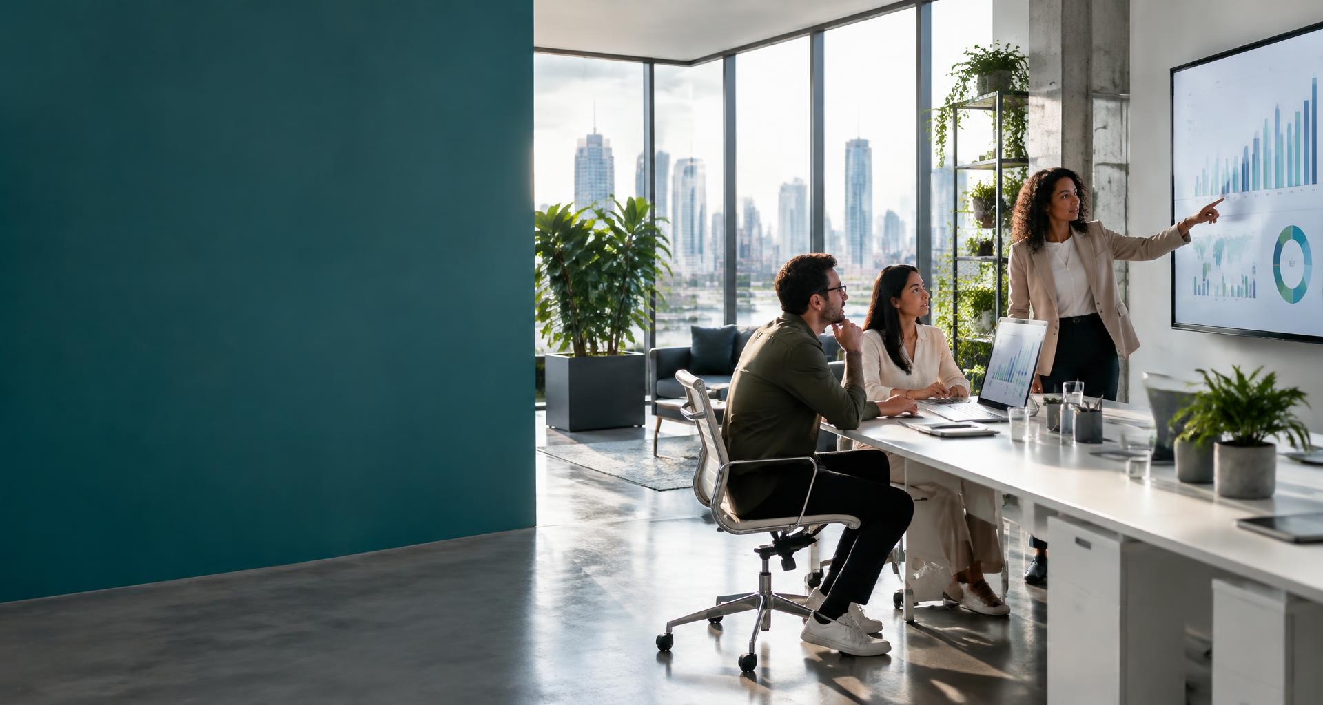 An illustrative digital marketing strategy studio with a team reviewing campaign analytics